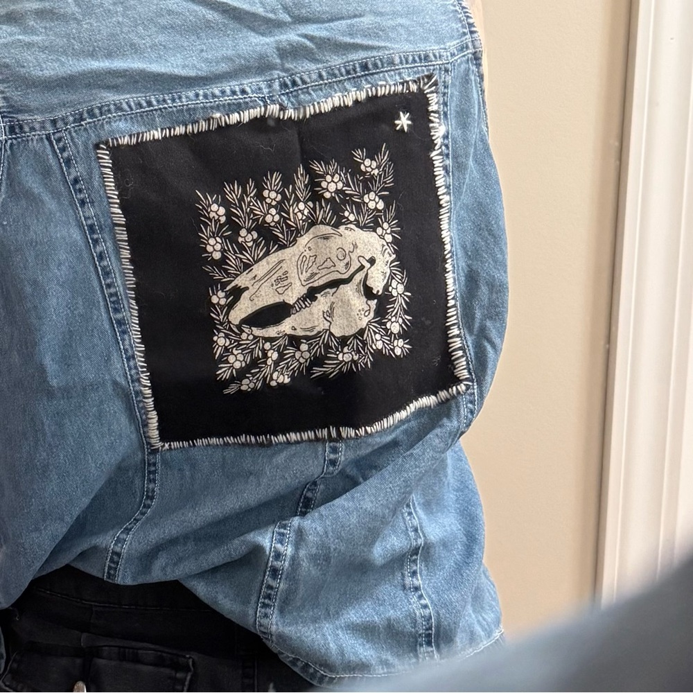 Vintage denim sleeveless button up with rabbit skull and juniper patch